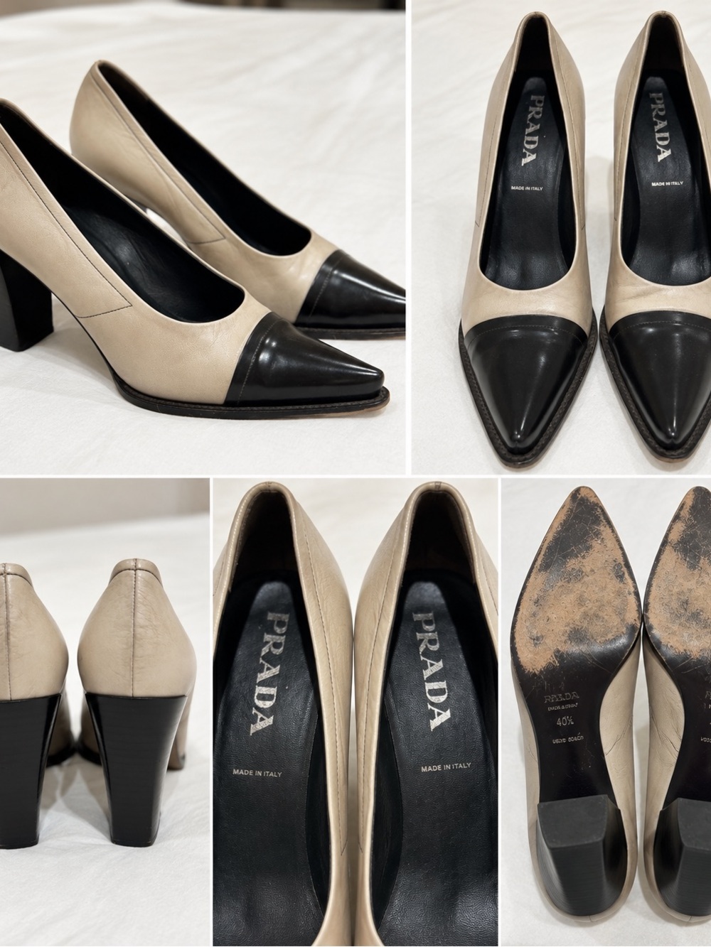 Prada Vintage Two-Tone Leather Pointed Toe Heels in Beige and Black 40.5